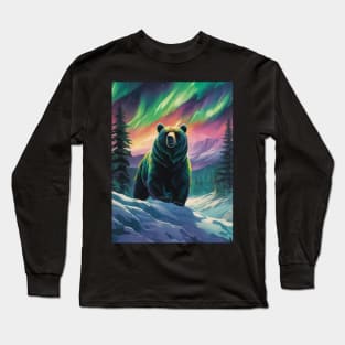 Brown Bear with Forest and Borealis, Colorful, Beautiful Long Sleeve T-Shirt